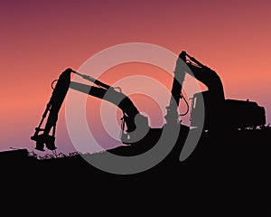 Excavator loaders, tractors and workers digging at industrial construction site vector background illustration