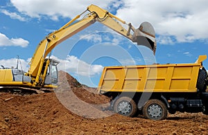Excavator loading dumper truck