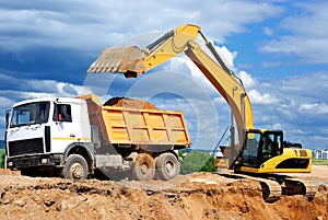 Excavator loading dumper truck