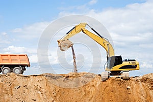 Excavator loading dumper truck