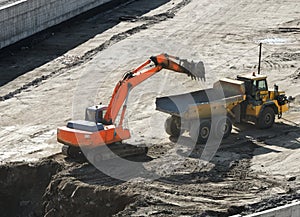 Excavator loading dumper truck tipper