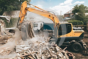 Excavator loads construction waste into truck for removal. Demolition of house. Building destruction. Cleaning up areas