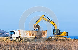 Excavator loads a dumper