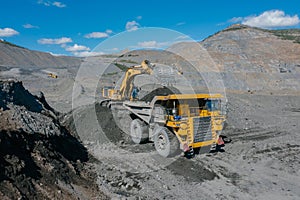 Excavator loads ore into a dump truck.