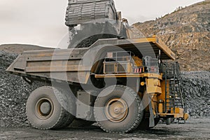 Excavator loads ore into a dump truck.