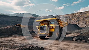 Excavator loads rock formation into the back of a heavy mining dump truck. Large quarry dump truck.