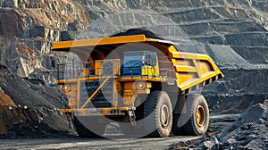 Excavator loads rock formation into the back of a heavy mining dump truck. Large quarry dump truck.