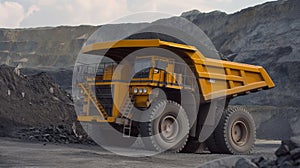 Excavator loads rock formation into the back of a heavy mining dump truck. Large quarry dump truck.