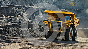 Excavator loads rock formation into the back of a heavy mining dump truck. Large quarry dump truck.