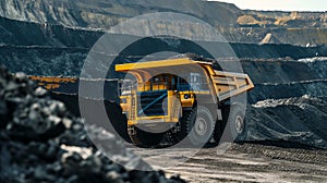 Excavator loads rock formation into the back of a heavy mining dump truck. Large quarry dump truck.