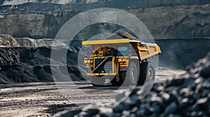 Excavator loads rock formation into the back of a heavy mining dump truck. Large quarry dump truck.