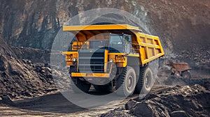 Excavator loads rock formation into the back of a heavy mining dump truck. Large quarry dump truck.