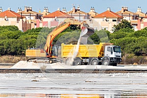 Excavator loads salt into a truck. Traditional Sea salt production is salt that is produced by the evaporation of seawater