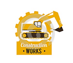 Excavator logo. Construction site. Special equipment. Against the background of the gear. Vector illustration. Flat