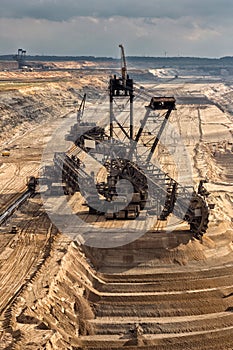 Excavator Mining In A Brown Coal Open Pit Mine.