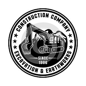 Excavator and mountains vector round black emblem
