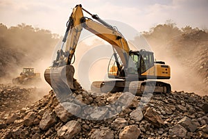 Excavator Moving Large Rocks On Dusty Construction And Mining Site