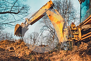 The excavator performs excavation work by digging the ground with a bucket in the forest