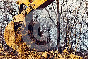 The excavator performs excavation work by digging the ground with a bucket in the forest