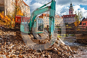 Excavator putting stones to the truck