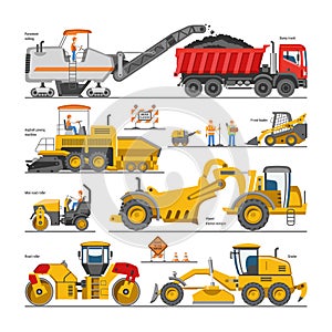 Excavator for road construction vector digger or bulldozer excavating with shovel and excavation machinery illustration