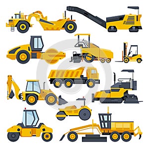 Excavator road construction vector digger or bulldozer excavating with shovel and excavation machinery illustration set