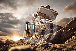 Excavator scooping dirt in front of a dramatic sky