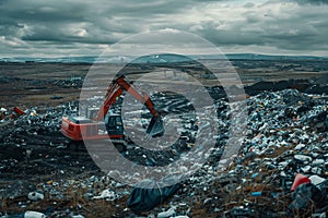 excavator stands on a large garbage dump