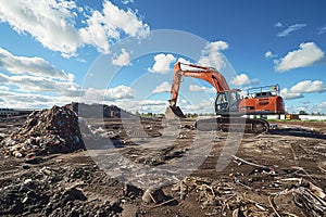 excavator stands on a large garbage dump