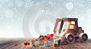 Excavator toy with Christmas presents