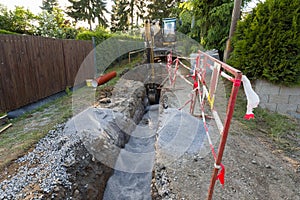 Excavator on trench - constructing canalization