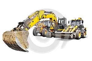 Excavator and two bulldozer loader close-up on a white isolated background.Construction equipment for earthworks. element for