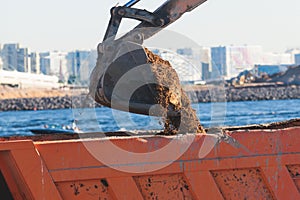 Excavator unloading sand into the dump truck on the construction site, excavating and working during road works, backhoe and