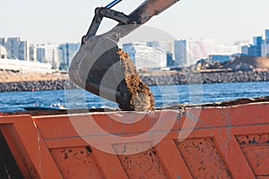 Excavator unloading sand into the dump truck on the construction site, excavating and working during road works, backhoe and