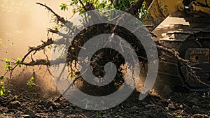 Excavator Uprooting Tree