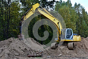 Excavator with Vertical tamrock pile foundation drilling machine. Drill rig at forest area. Ground Improvement techniques,