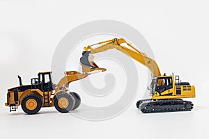 Yellow Excavator loader model on  a white background