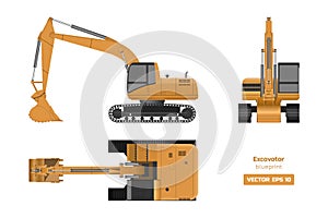 Excavator on white background. Top, side and front view. Hydraulic machinery. Industrial drawing. Diesel blueprint