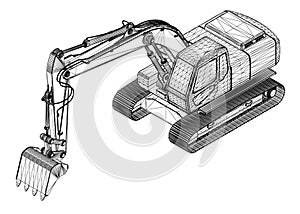 Excavator wireframe from black lines isolated on white background. Isometric view. 3D. Vector illustration