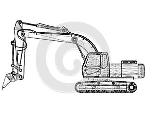 Excavator wireframe from black lines isolated on white background. Side view. 3D. Vector illustration