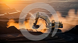 Excavator at Work in a Coal Mine at Sunset