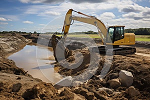 Excavator working alongside a riverbank. Generative AI