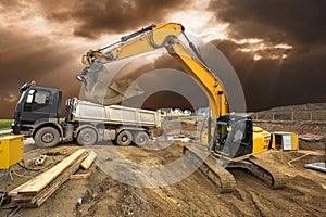 Excavator working on construction site