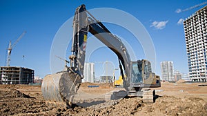 Excavator working at construction site on earthworks. Backhoe on road work digs ground. Paving out sewer line. Construction