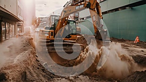 Excavator working on a construction site. Heavy duty construction equipment at work. An excavator digging a deep pit on an urban