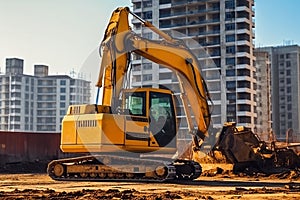 Excavator working on a construction site. Heavy duty construction equipment at work. Generative AI
