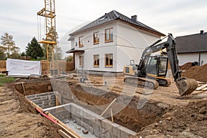 Excavator digging foundations for modern house