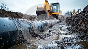 Excavator working on a muddy pipeline construction site.