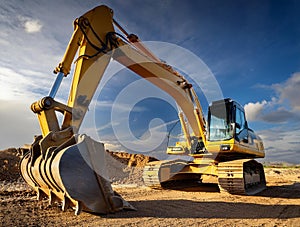excavator working in the sand of a construction site