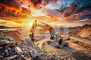 Excavator working on sunset construction site